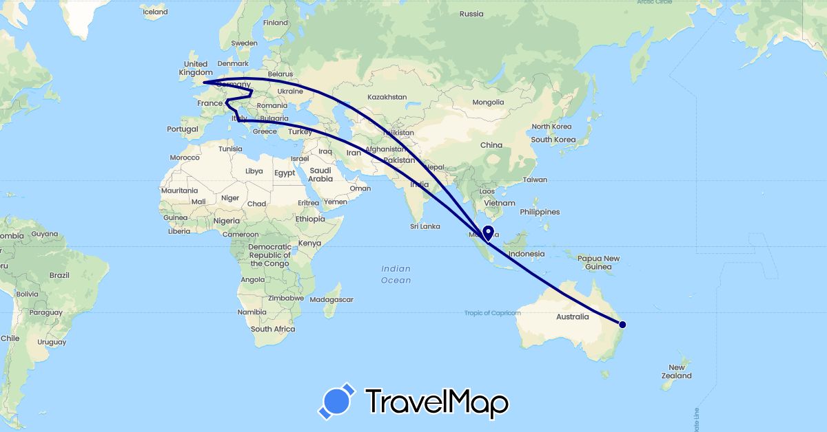 TravelMap itinerary: driving in Austria, Australia, Switzerland, Czech Republic, United Kingdom, Italy, Singapore (Asia, Europe, Oceania)